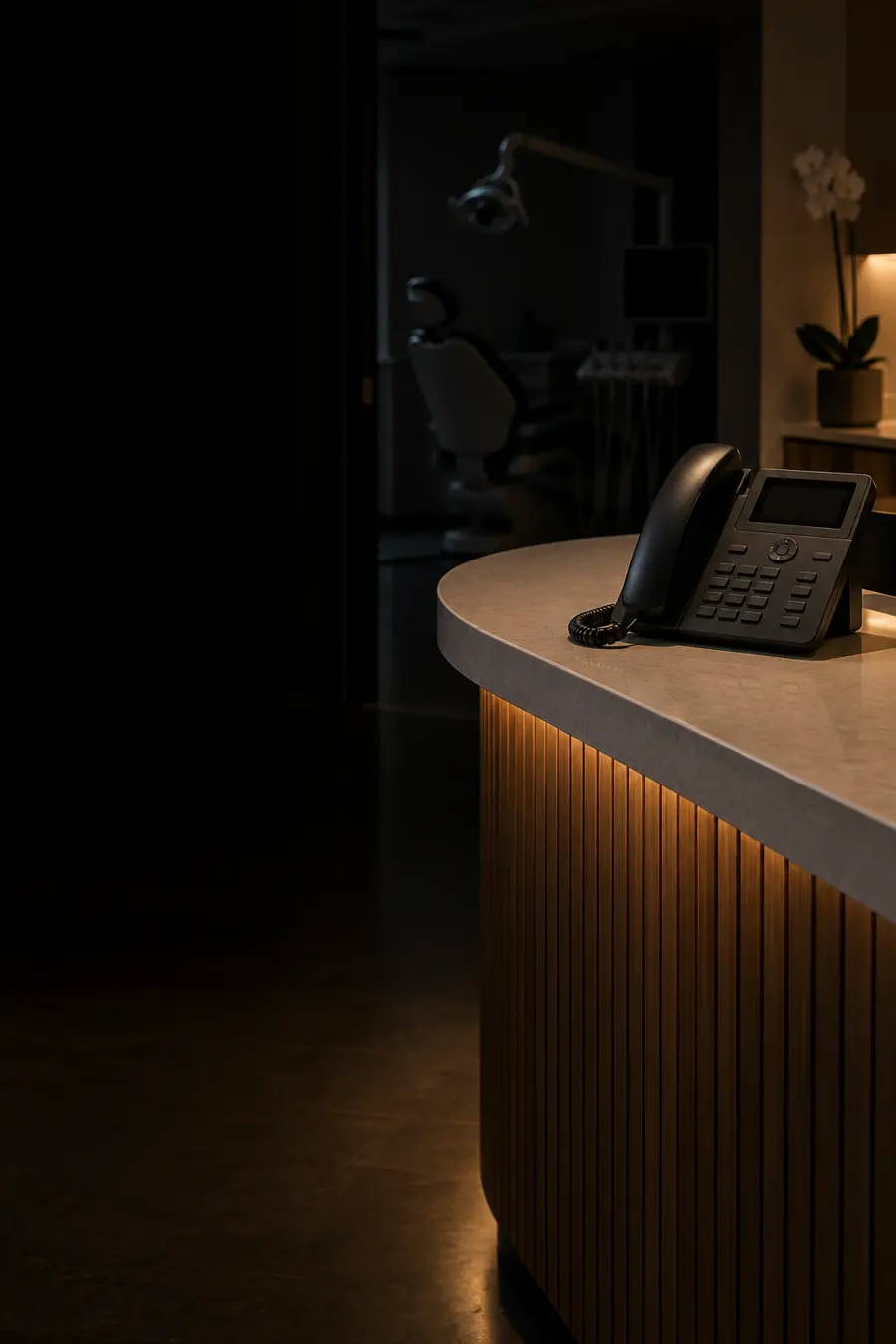 Telefone fixo no balcão da recepção de uma clínica, com a sala de atendimento apagada ao fundo